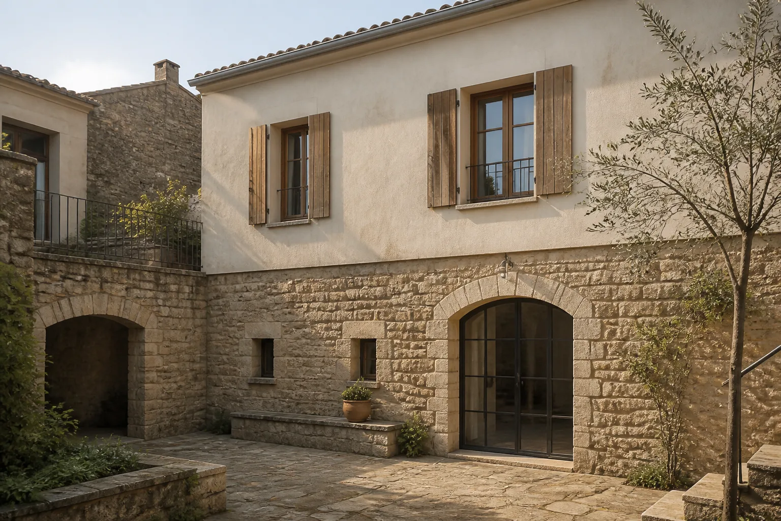 Interior mediterráneo de inspiración con piedra y acabados de cal