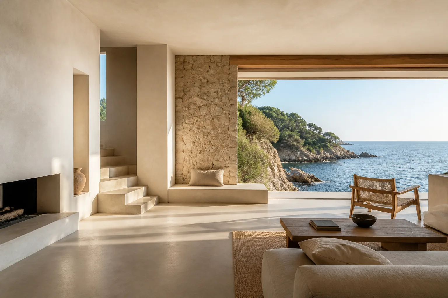 Visualización de inspiración de un interior Costa Brava con acabados minerales y vistas al mar