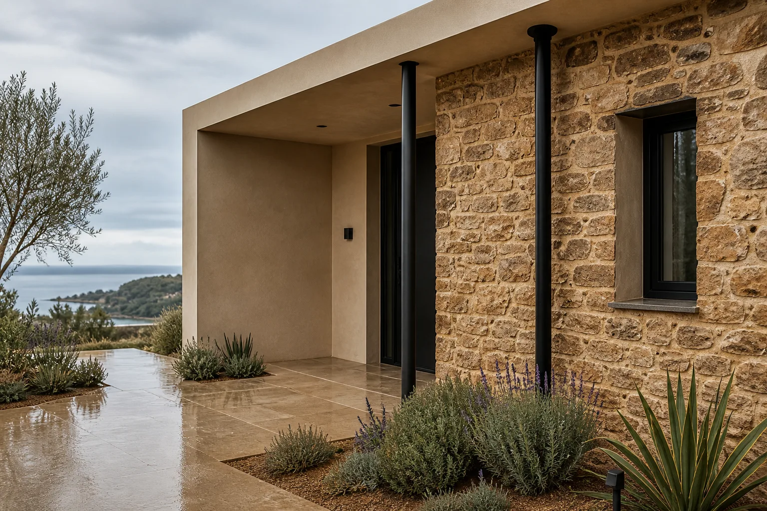 Visualización de fachada contemporánea con piedra y acabado mineral