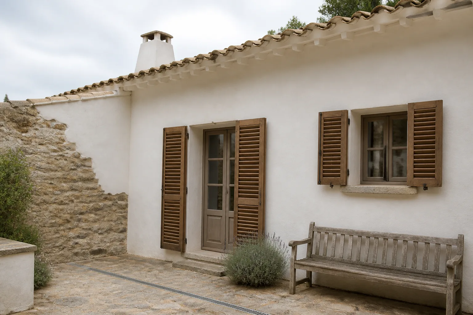 Visualización orientativa de exterior mediterráneo con acabado de cal Llafranc Blanco Puro