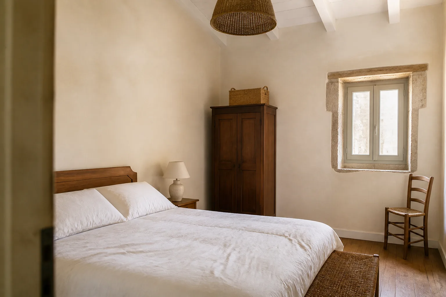Visualización orientativa de dormitorio con pintura a la cal Pals Blanco Crema