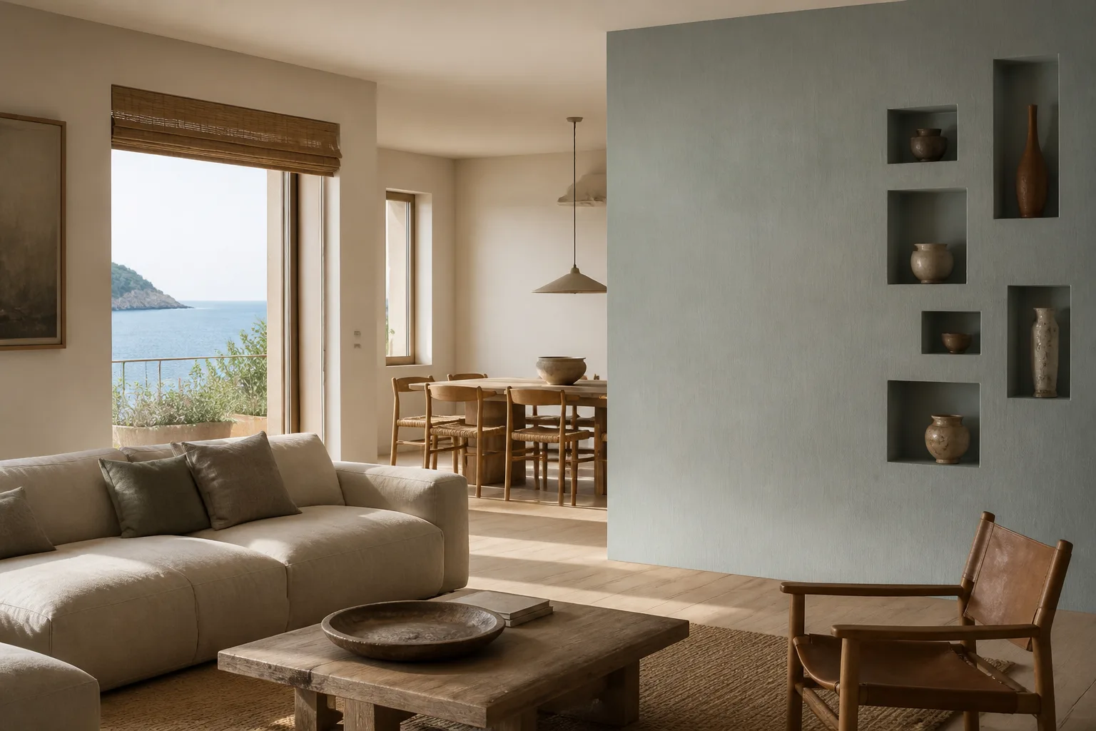 Visualización de salón costero con pintura mineral